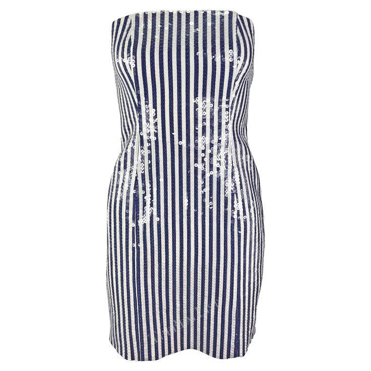 Presenting an incredible blue and white striped Michael Kors strapless mini dress. From the Spring/Summer 1990 collection, a nearly identical version of this mini dress debuted on the season's runway. The dress features a vertical blue and white stripe pattern and is covered in translucent sequins, giving this sexy little dress the perfect flare. A rare find from the early days of Michael Kors' namesake brand, this chic mini dress is a must-have! Approximate measurements: Size - 6US Bust: 30" Wa 1990 Runway, Michael Kors Runway, Michael Kors Dress, Michael Kors Dresses, Strapless Mini Dress, Little Dresses, Primavera Estate, Stripes Pattern, Day Dresses