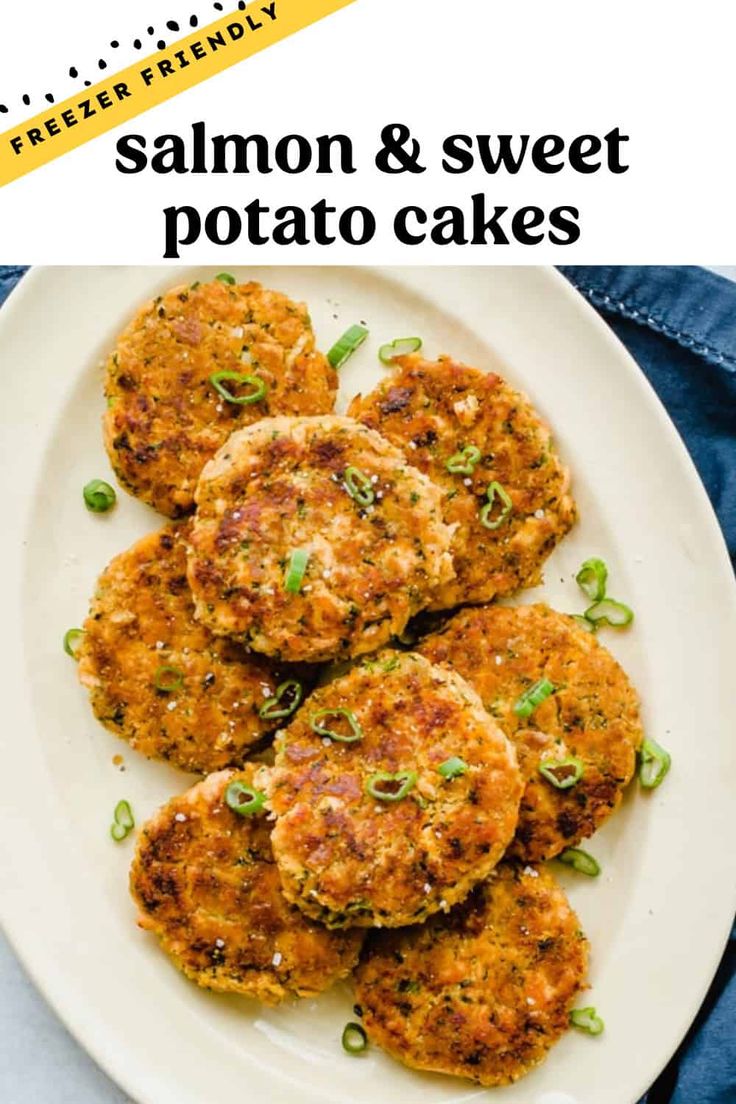 salmon and sweet potato cakes on a white plate with text overlay that reads salmon and sweet potato cakes