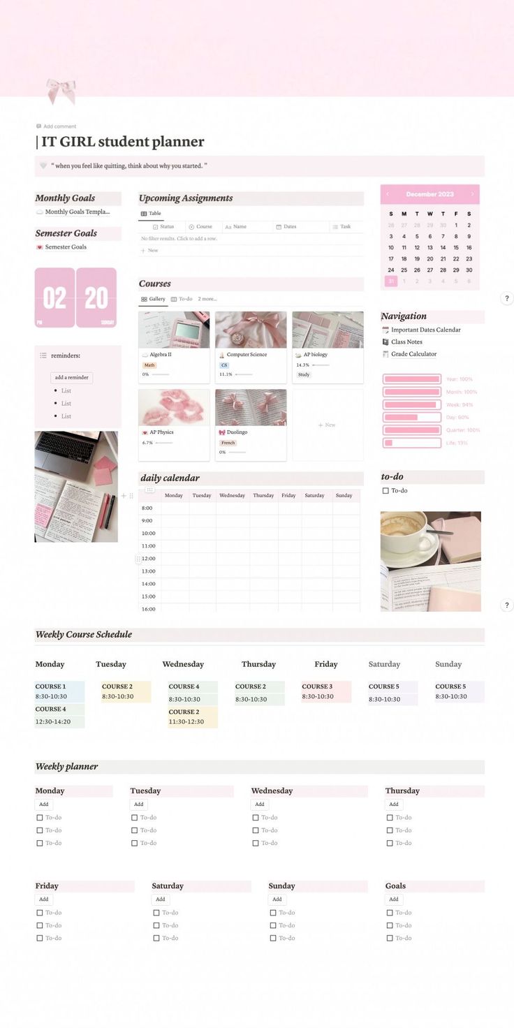 Free Digital Planner Templates Pink Notion Dashboard, Online Planner Ideas, Notion Inspiration Student, Study Notion Template Ideas, Online School Planner, Cute Schedule Templates, Notion School Dashboard, Notion Aesthetic School, Notion School Templates