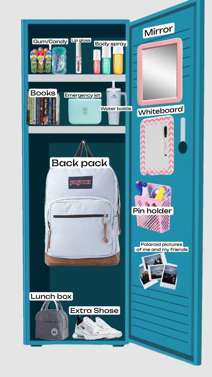 an open blue locker with various items on the shelves and below it is a white backpack