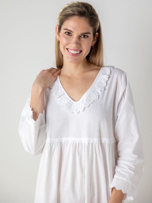 Stella White Cotton Nightgown - EL345 White Cotton Nightgown, Linen Gown, Cotton Nightgown, To Sleep, Deep V Neck, White Long Sleeve, Nightwear, Medium Length, Cotton Linen