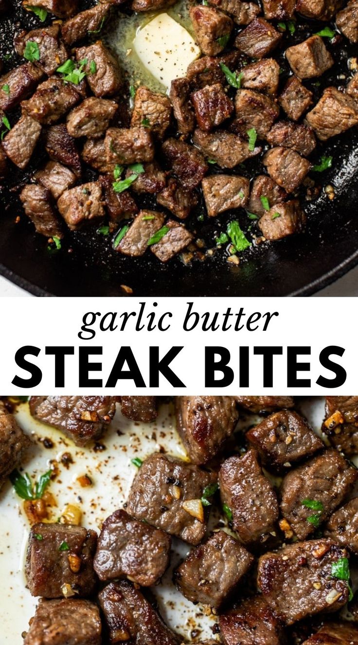 steak bites are being cooked in a skillet