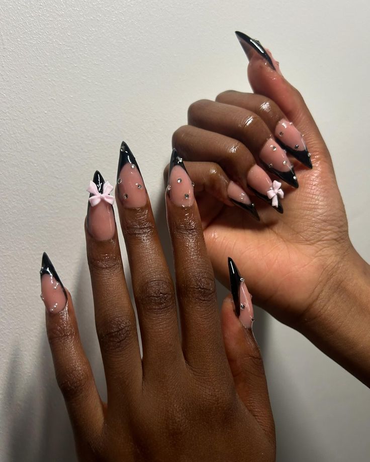 Almond Nails Designs Black French, Black Almond Nails With Gems, Nail Designs Stiletto Shape, Black Initial Nails, Almond Acrylic Nails Black, Black French Tip Nails Stiletto, Black Almond French Nails, Almond Black French Tip Nails, Medium French Tip Nails