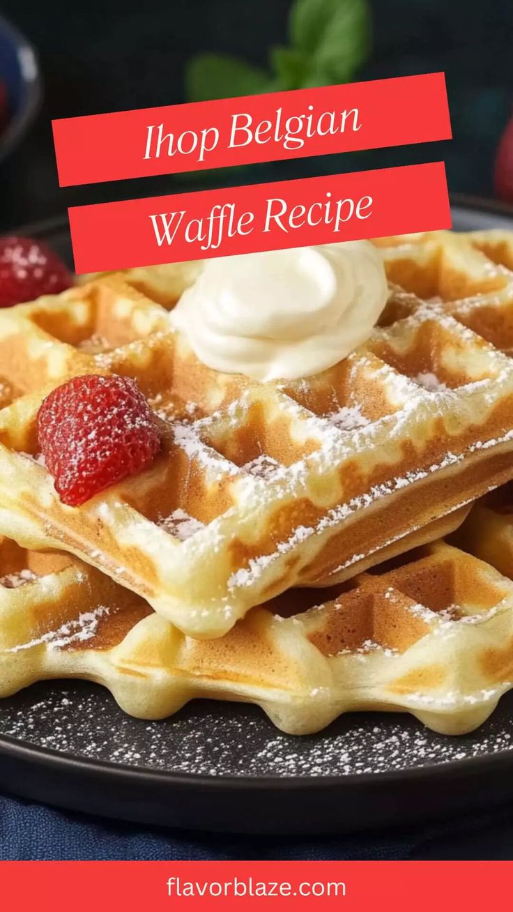 two waffles on a plate with whipped cream and strawberries in the background