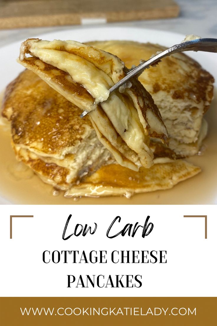 a stack of pancakes on a plate with a fork in it and the words low carb cottage cheese pancakes