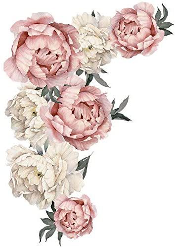 pink and white peonies are arranged in the shape of a letter f on a white background