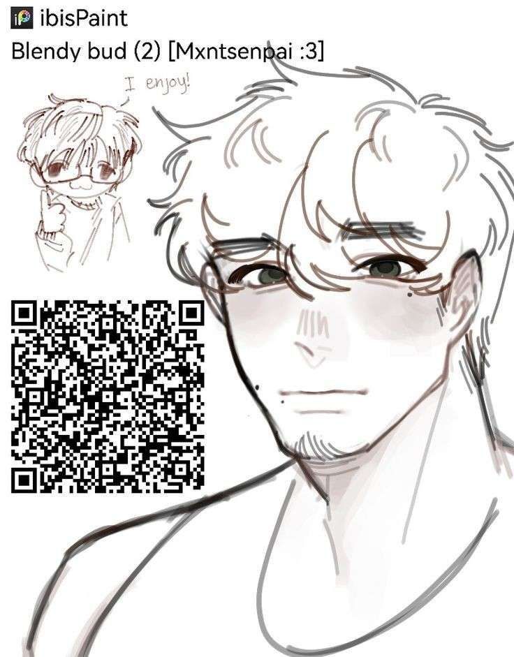 a drawing of a man's face next to a qr code