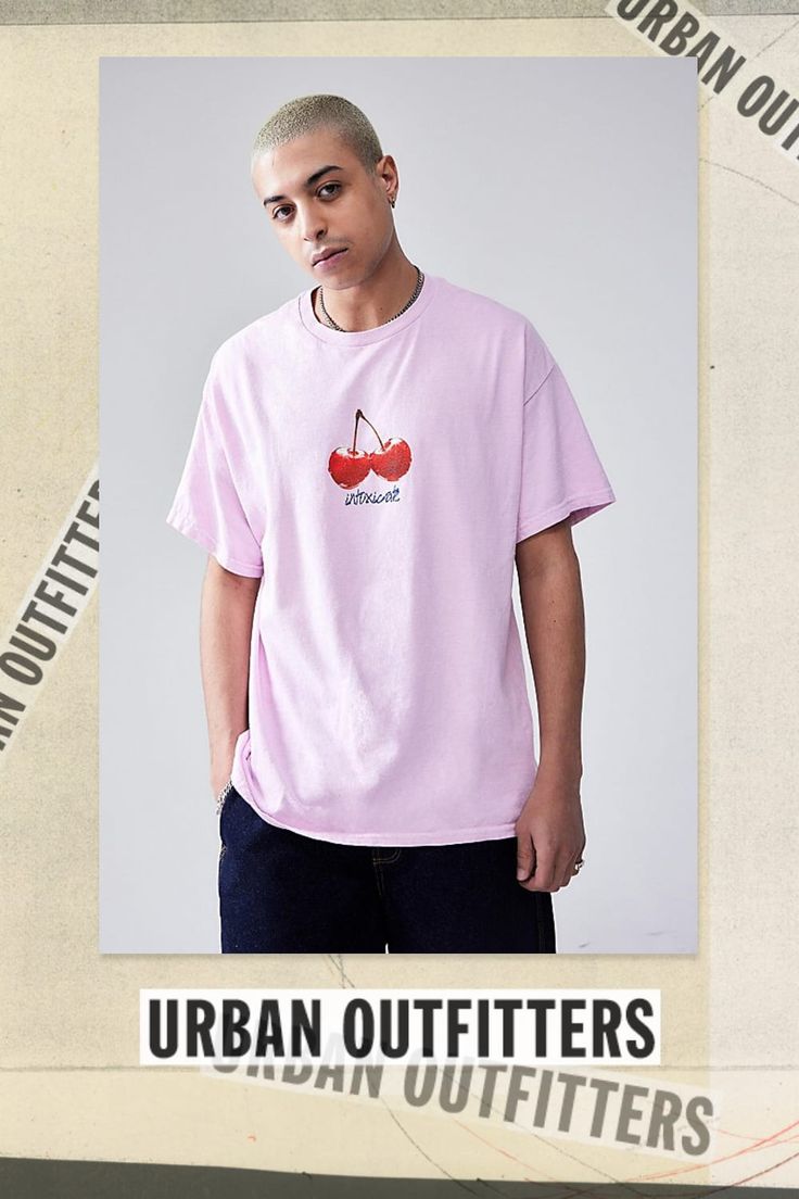 Cheeky cherry print tee with an 'Intoxicate' motif printed on. Soft jersey tee with a ribbed crew neck, drop shoulders and short sleeves. Content + Care 100% Cotton Machine wash Imported Size + Fit Model is 186cm/6'1" and wearing size Medium Use our size guide to check how this product fits | Urban Outfitters UO Pink Cherry Motif Tee in Pink, Men's at Urban Outfitters Trendy Crew Neck T-shirt With Cherry Print, Pink Cotton T-shirt With Cherry Print, Casual T-shirt With Funny Print For Streetwear, Urban Outfitters Crew Neck Screen Print T-shirt, Spring Streetwear T-shirt With Front Print, Urban Outfitters Streetwear T-shirt With Screen Print, Urban Outfitters Graphic Tee For Streetwear, Relaxed Fit Graphic T-shirt From Urban Outfitters, Urban Outfitters Relaxed Fit Graphic T-shirt