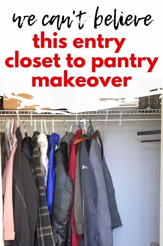 an open closet with clothes hanging from it and the words, we can't believe this entry closet to pantry makeover