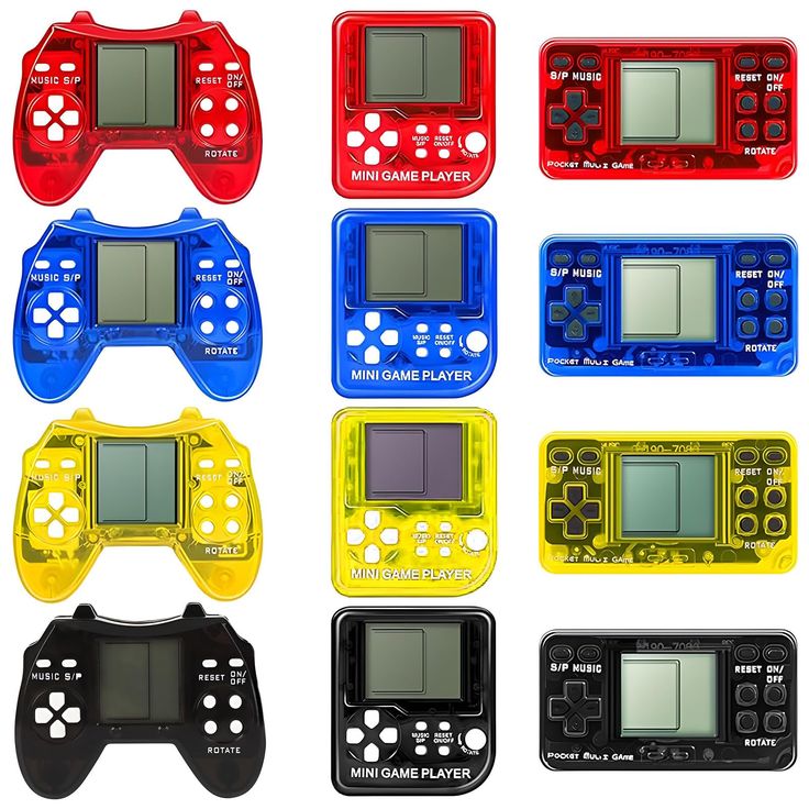 six different colored game controllers are shown in this image, each with an lcd screen