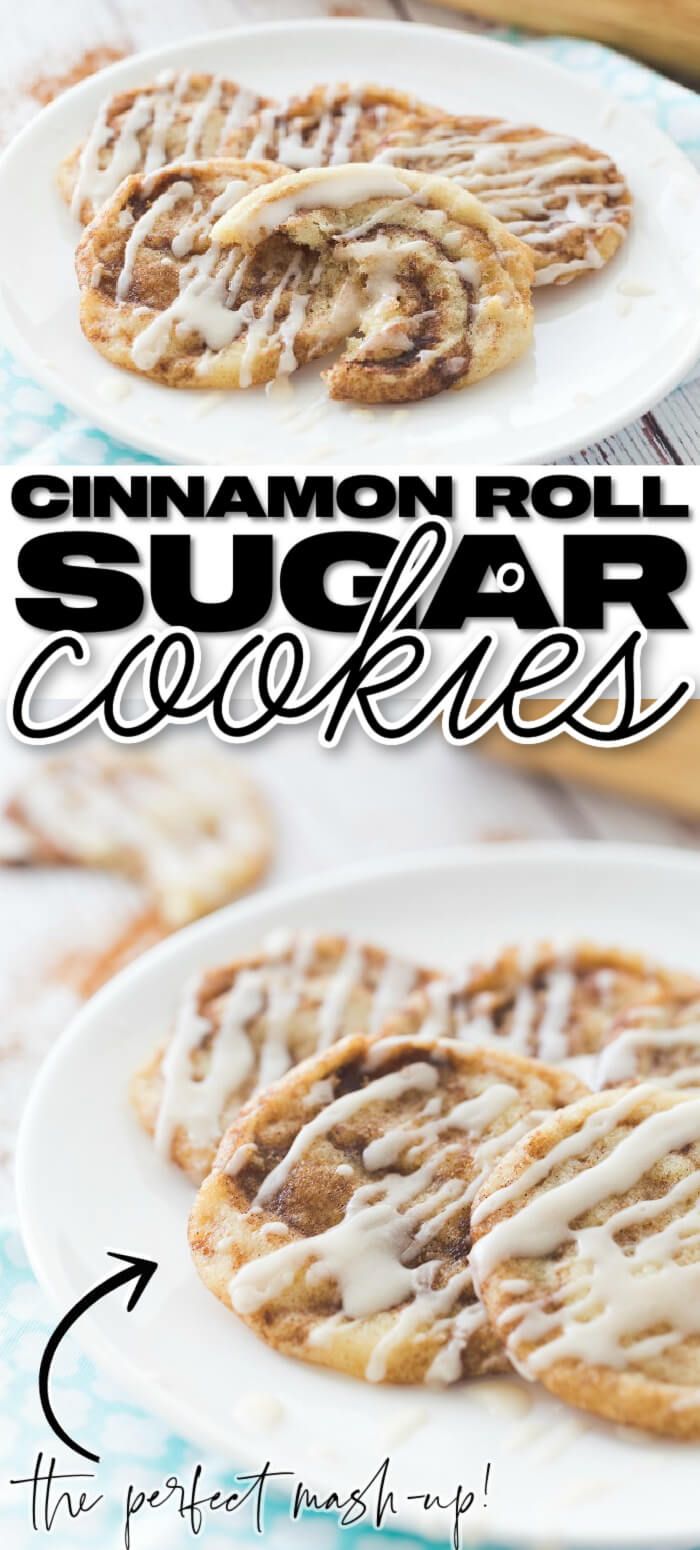 cinnamon roll sugar cookies with icing on top and the title above it reads, cinnamon roll sugar cookies