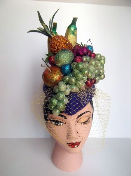 Custom Carmen Miranda Hat BY AMANDA G. JOYNER #HatAcademy #millinery Brazil Fruit, Brazilian Party, Carmen Miranda Costume, Brazil Party, Fruit Hat, Tropical Cruise, Styrofoam Head, Nutrition Month, Carmen Miranda