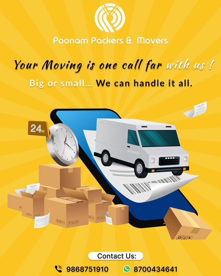 an advertisement for moving boxes with a van and clock