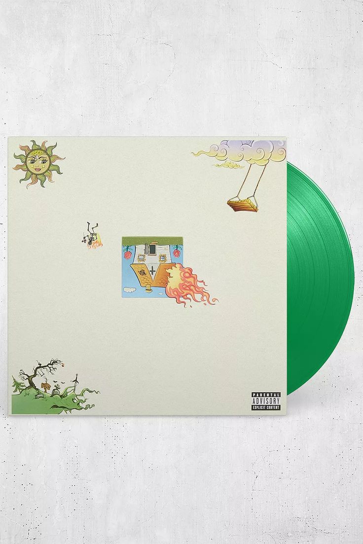 a green vinyl record with an image of a hot air balloon in the sky above it