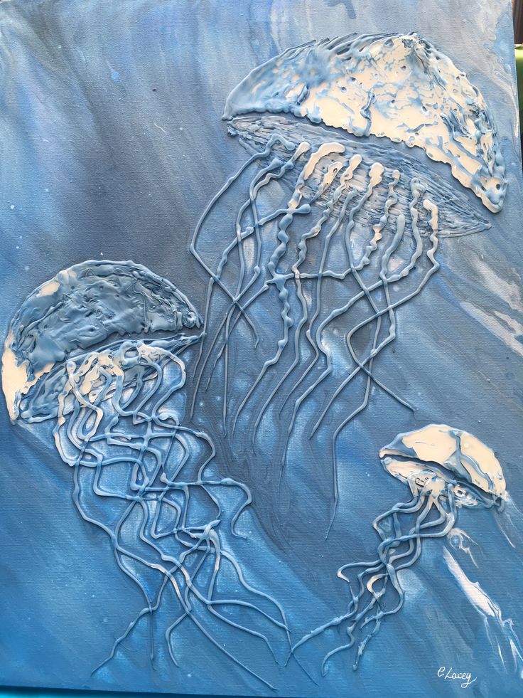 an acrylic painting of two jellyfish