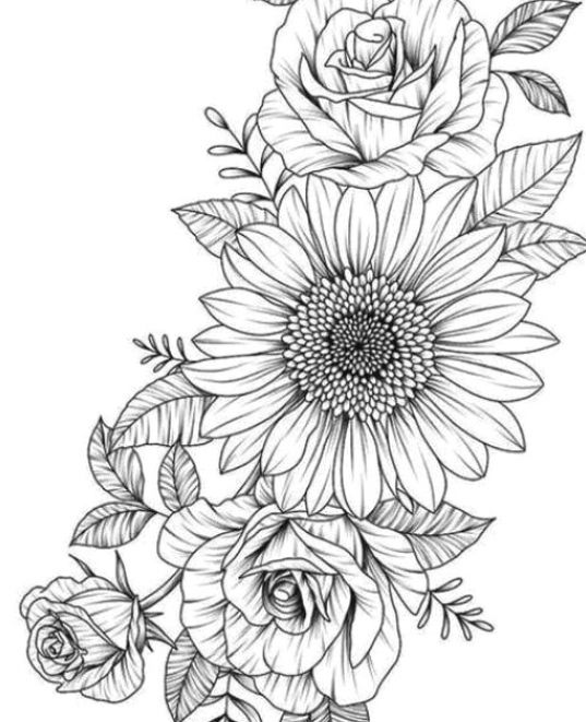 a drawing of flowers with leaves on the bottom and one large flower in the middle