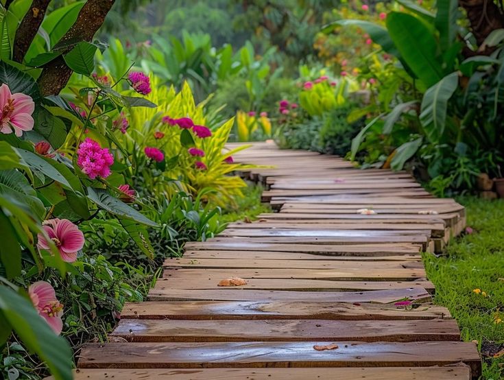 a wooden walkway in the middle of a garden with lots of flowers on both sides