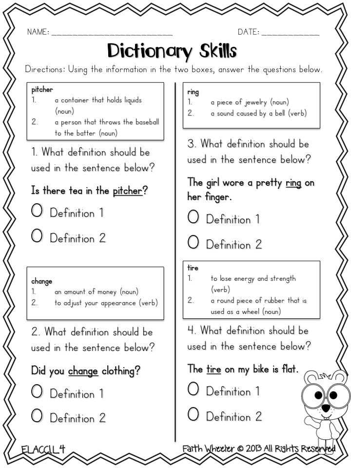 a printable worksheet for the dictionary skills