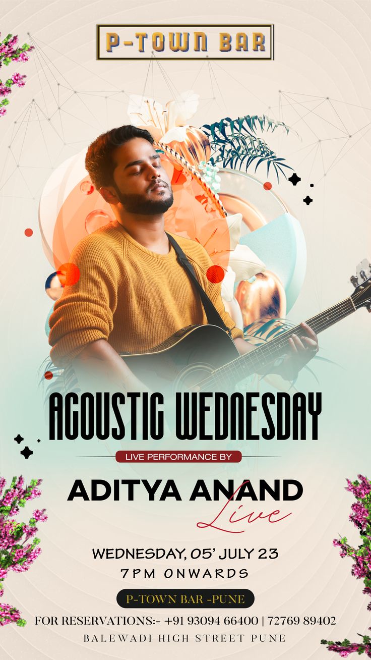 the flyer for acoustic wednesday with an image of a man holding a guitar in his hand