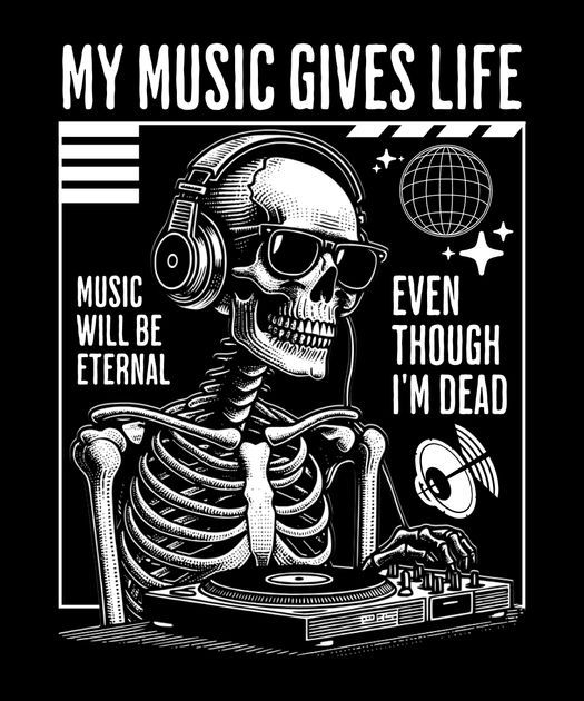 a skeleton with headphones on and the words music gives life even though i'm dead