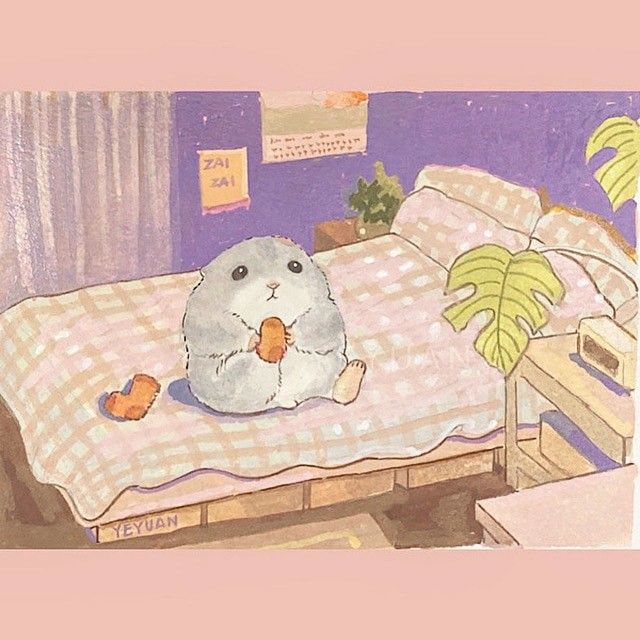 a drawing of a hamster sitting on a bed in the middle of a room