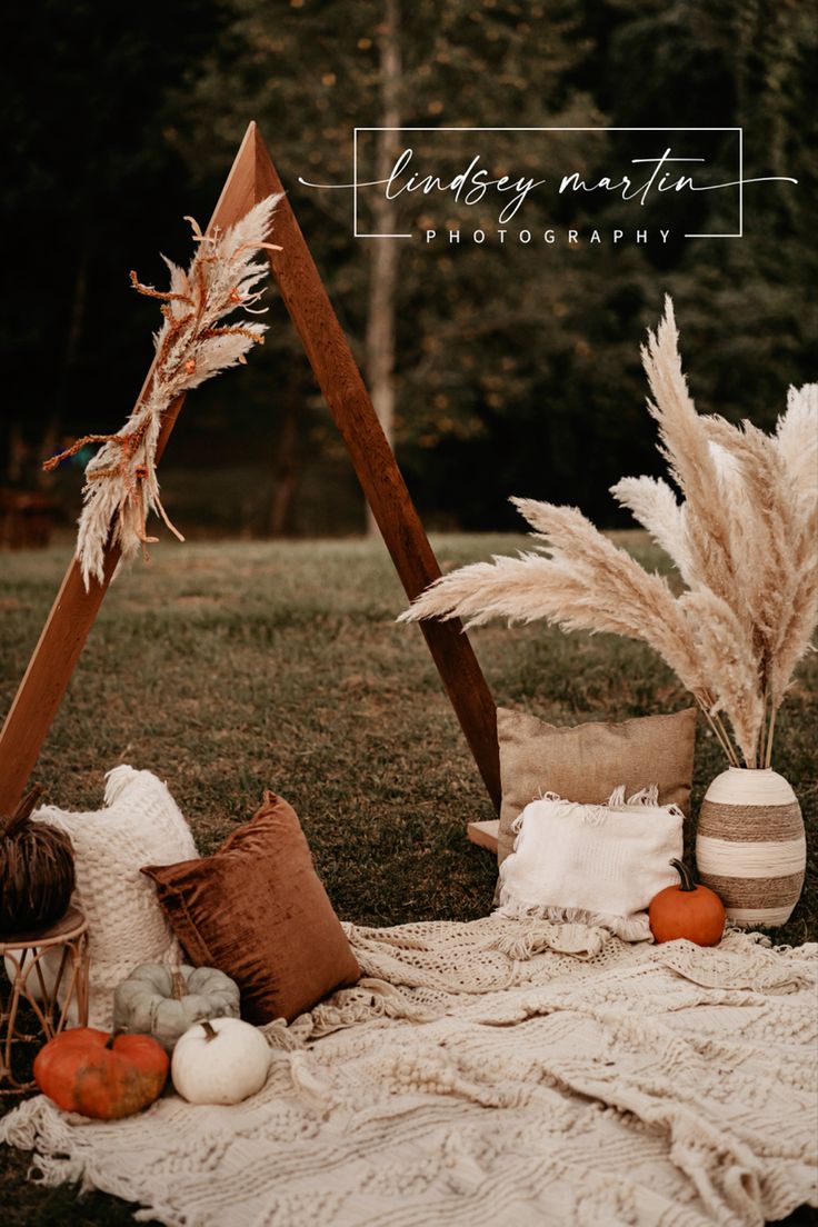 an outdoor area with blankets, pillows and decorative items on the ground in front of trees