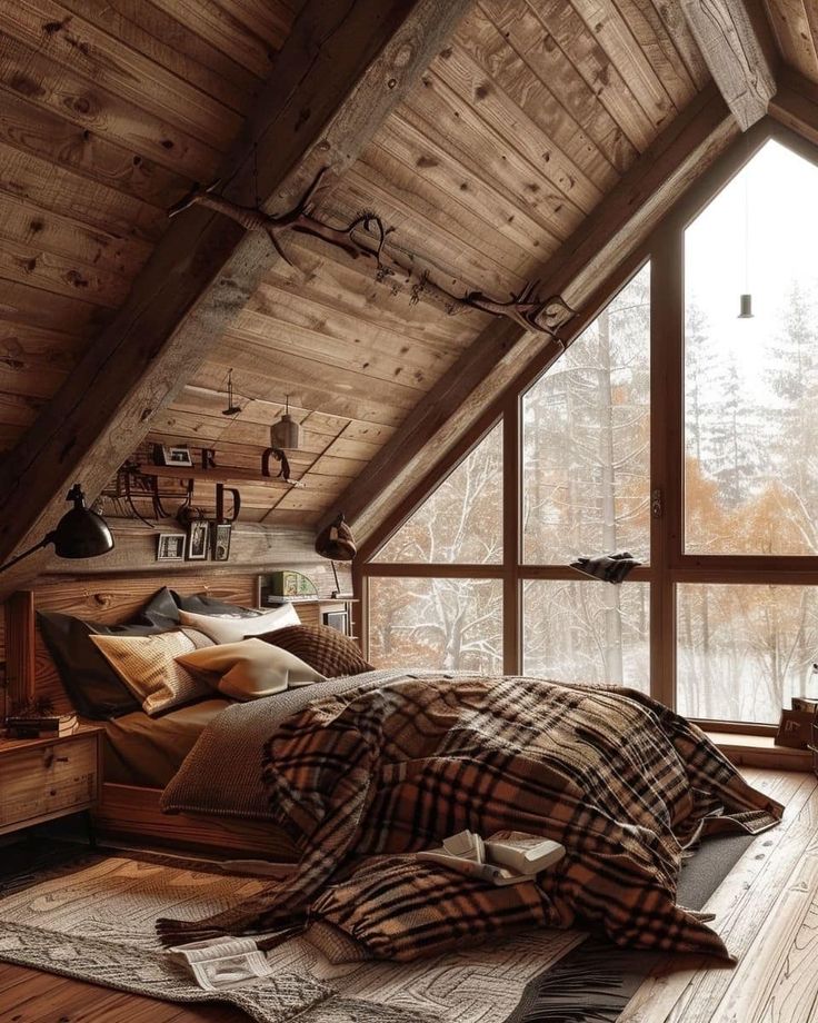 an attic bedroom with wooden walls and flooring is furnished with natural materials such as pillows, blankets and throws