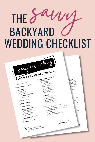 the savy backyard wedding checklist is on top of a pink and white background