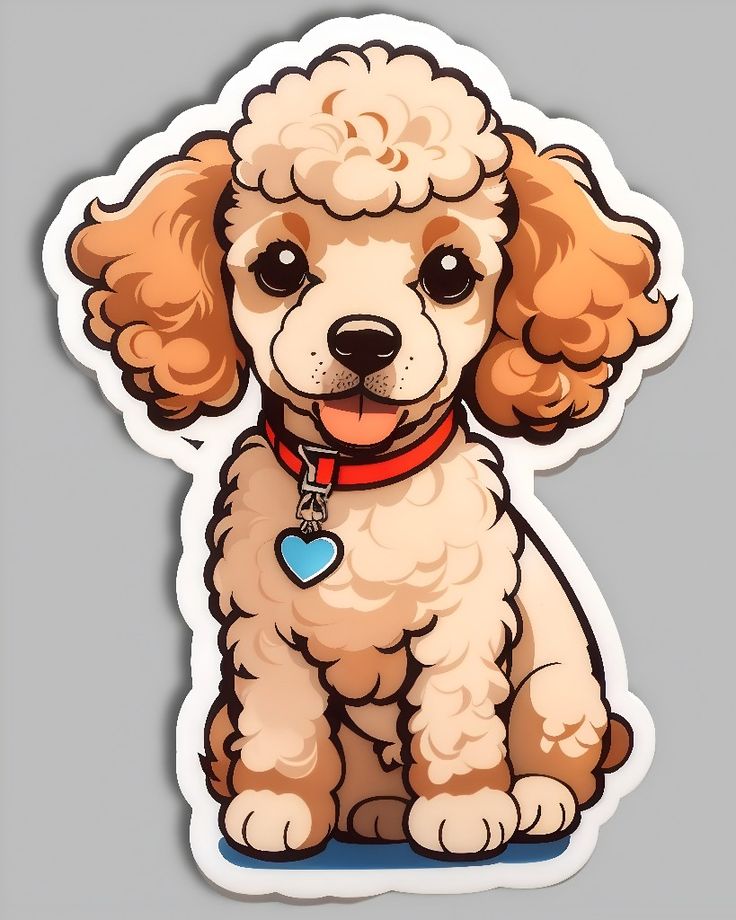 a brown and white poodle sitting on top of a gray floor next to a blue heart