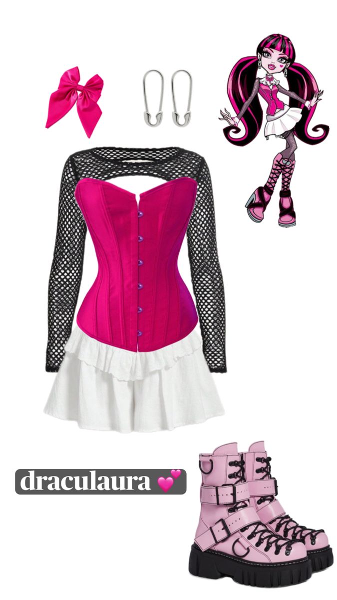 a pink and white outfit with black laces