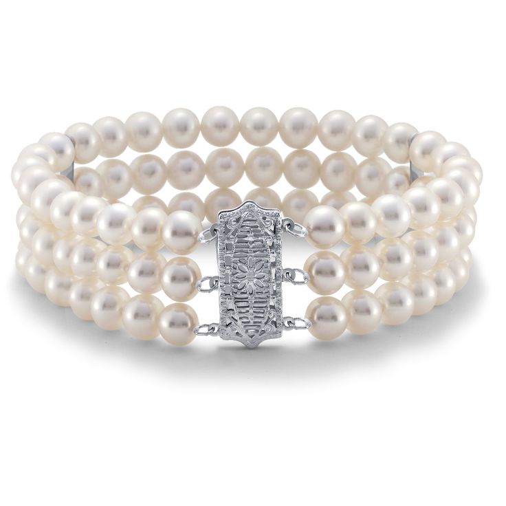 Three strands of luminescent freshwater cultured pearls are strung in parallel and perfectly accented by an elegant 14k white gold filigree clasp. Delicate 14k white gold spacers keep the strands secure and laying flat against the wrist. This pearl bracelet is a perfectly elegant bridal look. Blue Nile Jewelry, Elegant Choker, Cultured Pearl Bracelet, Pearl Accessories, Pearl Bracelets, Freshwater Pearl Jewelry, Filigree Jewelry, Freshwater Pearl Bracelet, Blue Nile