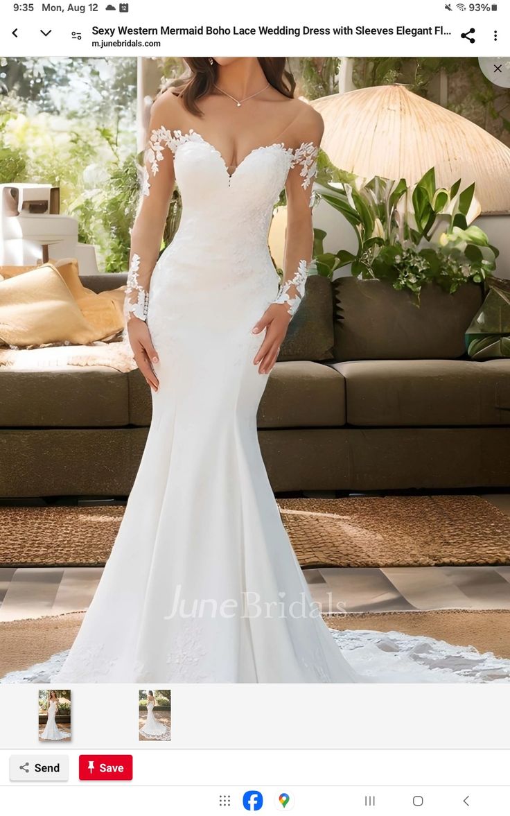 a white wedding dress with long sleeves and laces on the shoulders is featured in an instagram