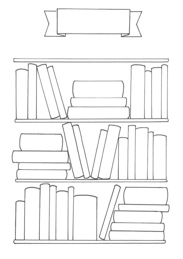 a book shelf with many books and banners on the shelves, all in black and white