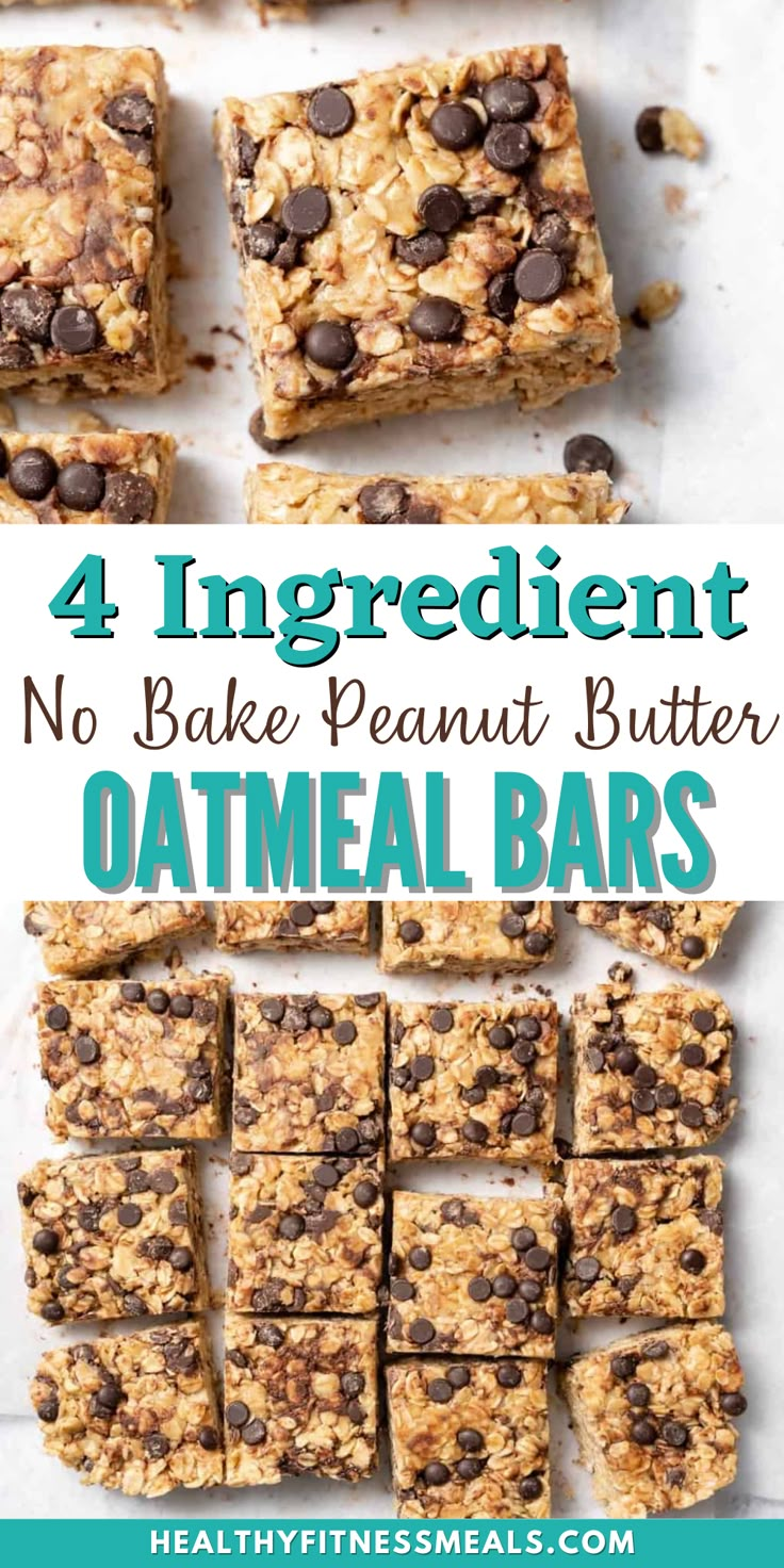 four ingredient no bake peanut butter oatmeal bars with chocolate chips on top