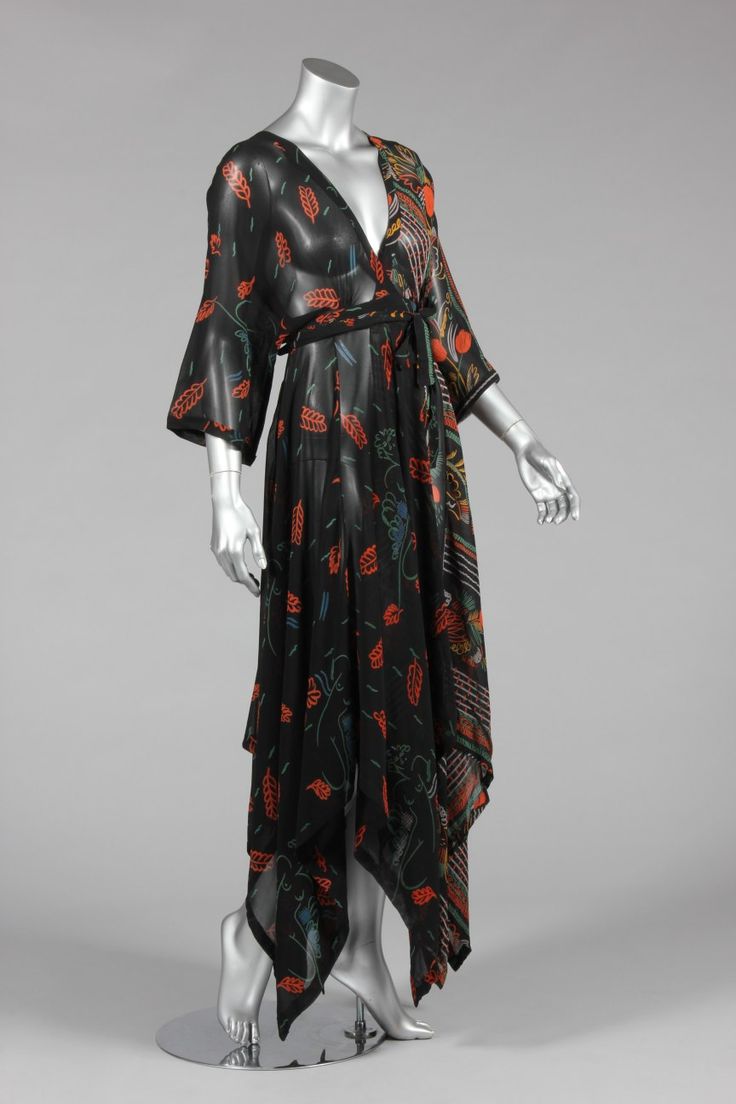 An Ossie Clark/Celia Birtwell printed chiffon gown, mid 1970s - black with mainly red print, handkerchief hem Biba Fashion, Celia Birtwell, Ossie Clark, Fashion 1970s, Vintage Closet, Seventies Fashion, Century Clothing, Antique Clothing, Fashion Icons