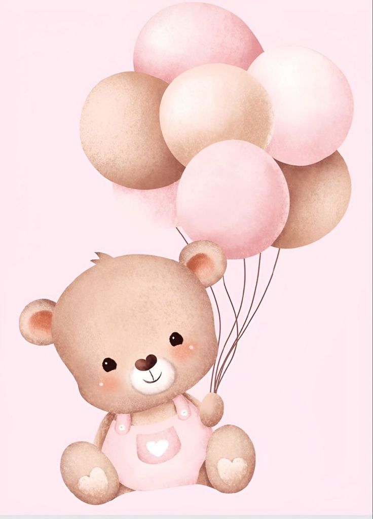 a teddy bear holding some pink balloons