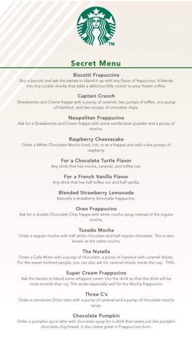 the menu for starbucks's secret menu