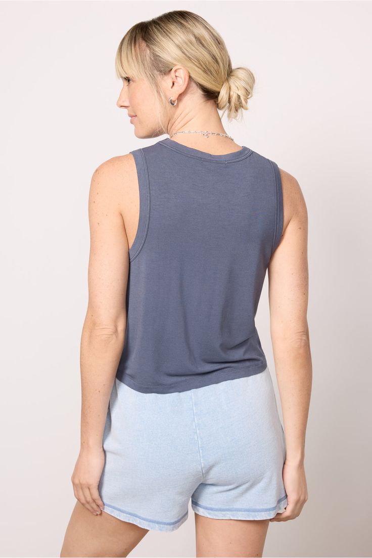 Soft jersey fabric makes this Z Supply tank an easy-to-love staple, featuring a crew neckline and relaxed, cropped fit. It's perfect for keeping casual with shorts or dressing up with a skirt and heels. | Z SUPPLY Women's Ella Tank Top, Size Small, Blue Summer Cotton Crop Top For Workout, Cotton Crop Top For Summer Workout, Casual Blue Crop Top With Relaxed Fit, Relaxed Short Summer Tops, Casual Crew Neck Summer Crop Top, Casual Crew Neck Crop Top For Summer, Blue Crew Neck Muscle Tee For Summer, Summer Scoop Neck Loungewear Activewear, Athleisure Tank Crop Top For Loungewear