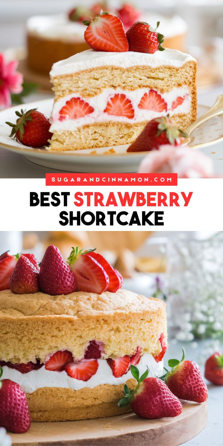 the best strawberry shortcake is topped with whipped cream and fresh strawberries on top