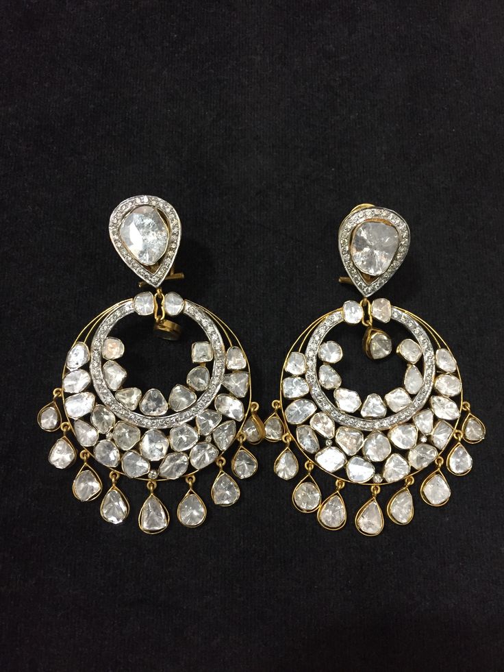 Chand Bali . Uncut diamonds and diamonds . No wax . Chand Baali Earrings, Uncut Diamond Chandbali Earrings, Polki Chand Bali Earrings, Diamond Polki Earrings, Uncut Diamond Earrings, Chand Bali Earrings, Chand Bali, Bridal Jewellery Inspiration, Designers Jewelry Collection