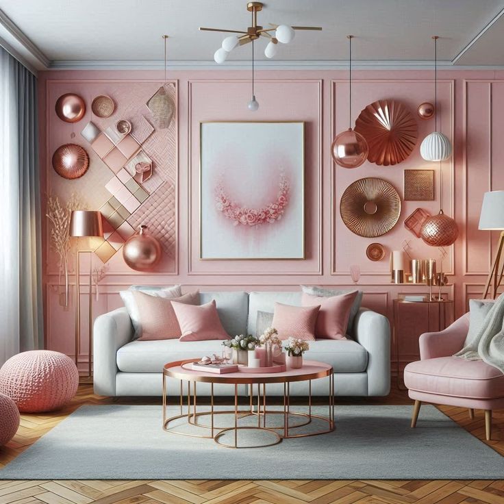 a living room with pink walls and gold accents