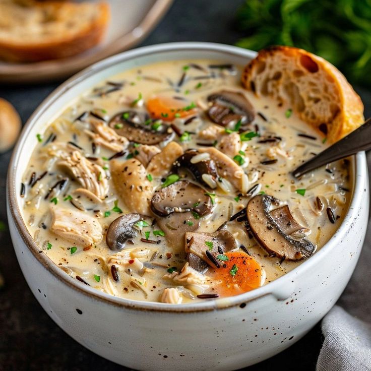 a white bowl filled with chicken and mushroom soup on top of a black table next to bread