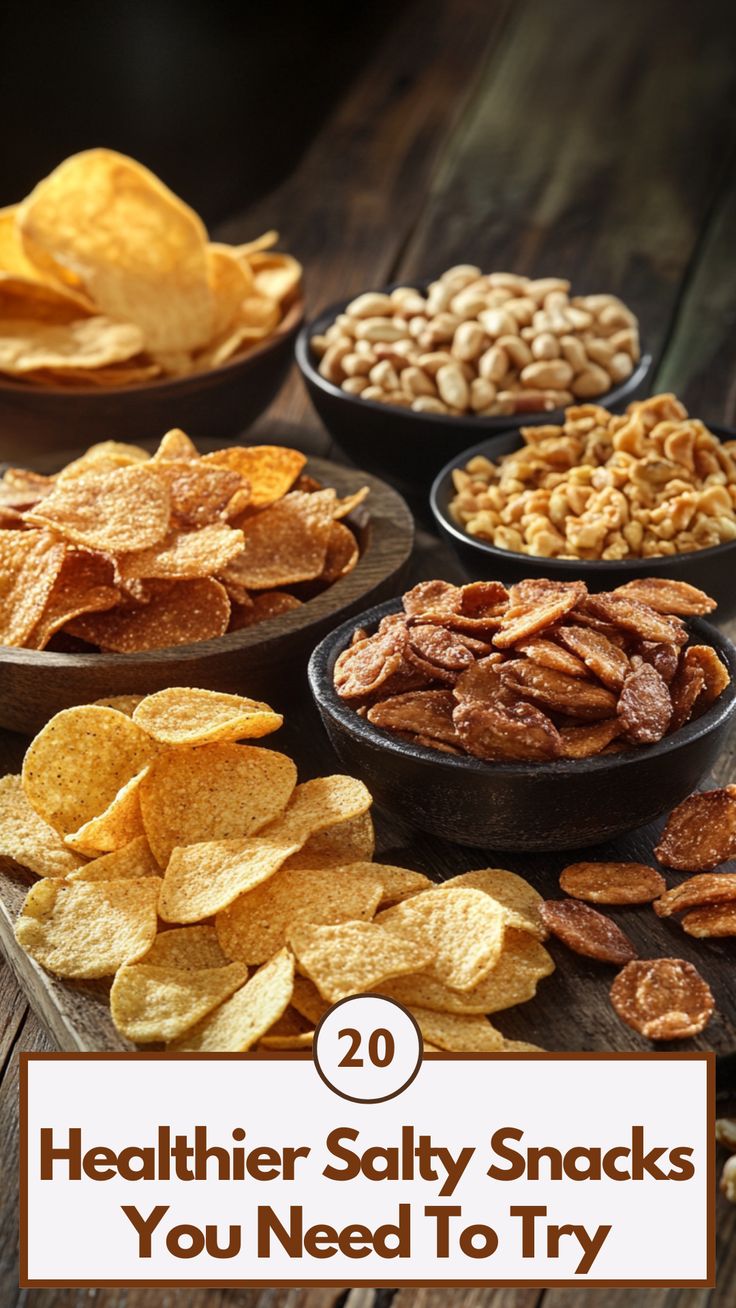 A variety of healthier salty snacks, including baked chips and roasted nuts, displayed on a wooden table, offering a crunchy and guilt-free snacking option. Clean Eating Crackers, What To Eat Instead Of Chips, Healthy Salty Snack Ideas, Crunchy Snacks Healthy, Crunchy Healthy Snacks, Low Calorie Salty Snacks, Salty Snacks Healthy, Salty Healthy Snacks, Savory Snacks Healthy