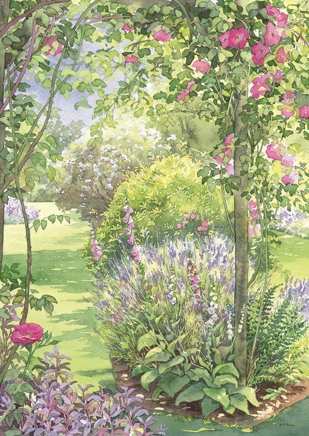 a painting of a garden with flowers and trees in the foreground, watercolor on paper