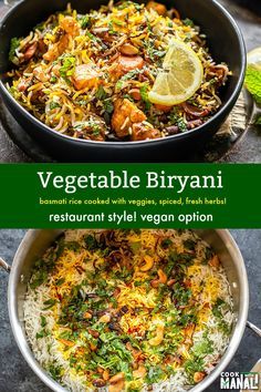 vegetable biriyani with rice and vegetables in a pan