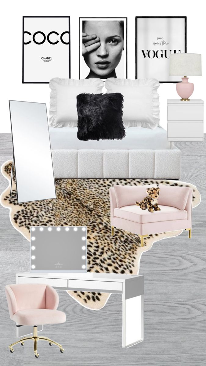 a bedroom with pink furniture and pictures on the wall, including a leopard print rug