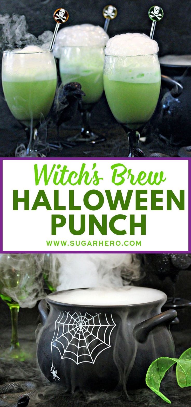 witches brew halloween punch recipe with green liquid and spooky spider web on the rim