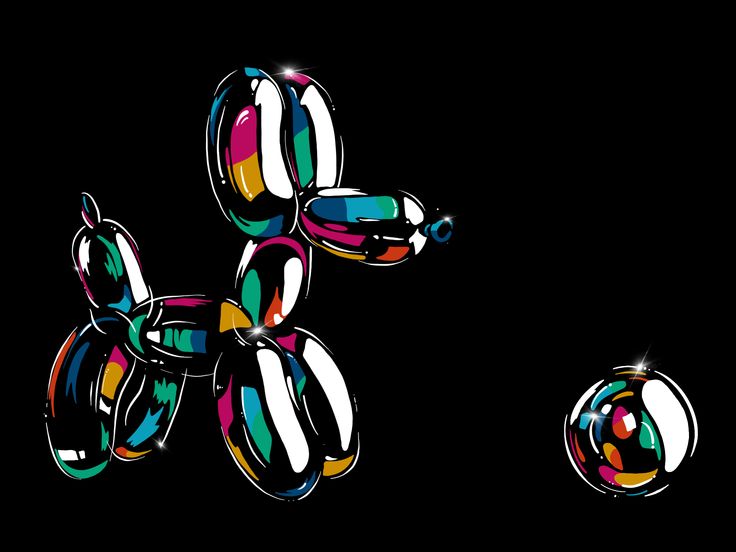 an image of a balloon dog in the air on a black background with two balls