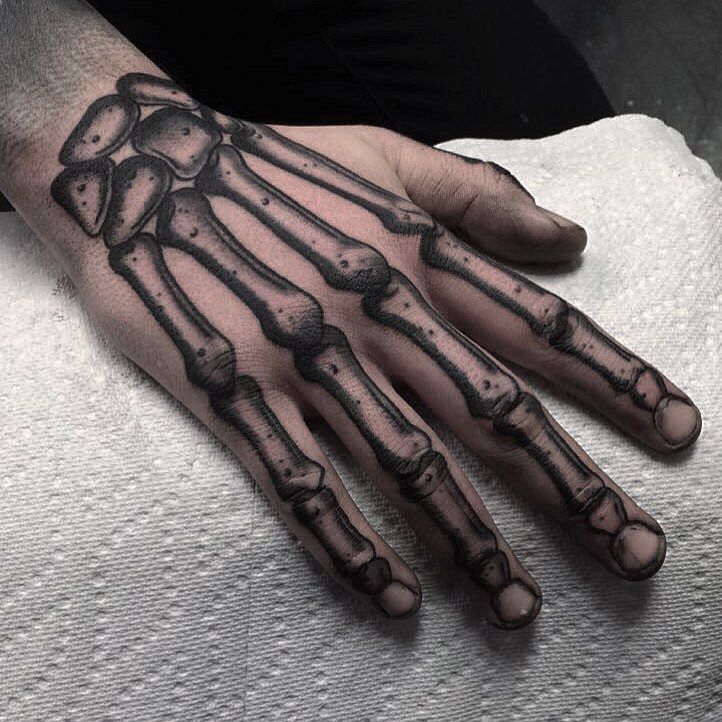 a person's hand with a skeleton tattoo on it and the fingers are black