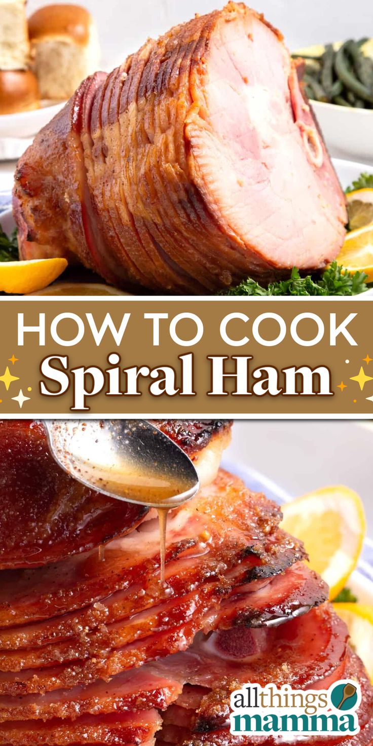 collage image of honey baked ham. Cooking Spiral Ham In Electric Roaster, How To Cook A Frozen Ham, Ways To Cook Ham, Ham Cooking Time Chart, How To Heat A Fully Cooked Spiral Ham, Cooking Spiral Ham In Crockpot, How To Cook A Spiral Ham In A Roaster, Precooked Ham In Crockpot Recipe, How To Cook A Spiral Ham